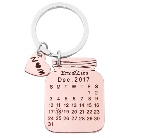 Heart Shaped, Personalized Calendar Keychain Custom Gift Engraved Heart Date Name Stainless Steel Key Chain Graduation Anniversary Birthday